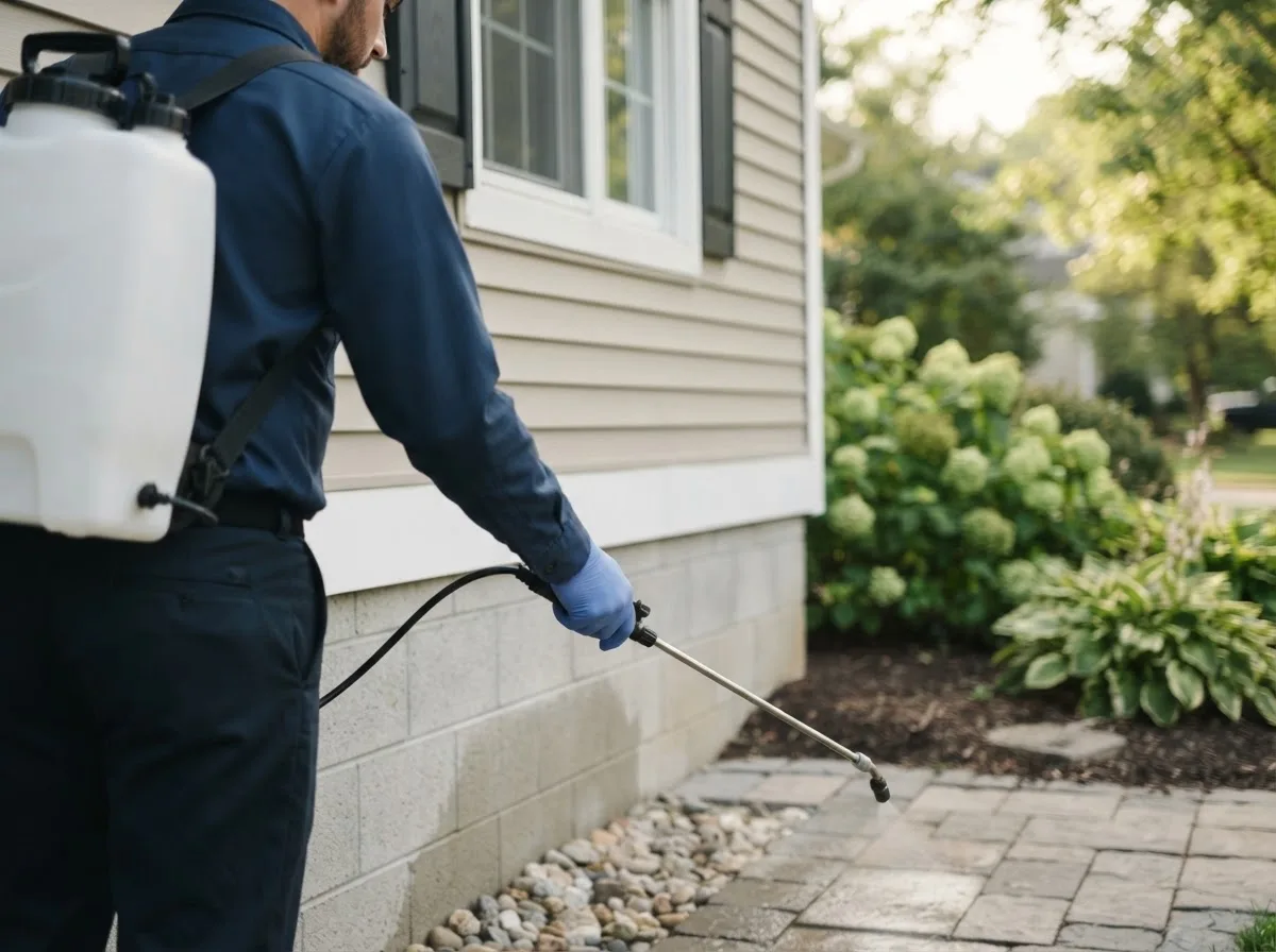 Pest control technician inspecting a home in Frankford, MO